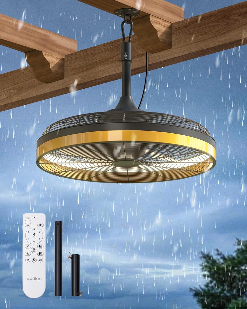 addlon Outdoor Ceiling Fan with Light for Patios, 20 inch Black Waterproof Gazebo Fan Remote&APP Control, 6 Speeds, Noiseless, Dimmable, Reversible, Plug in Hook Mount Ceiling Fan for Pergola Canopy