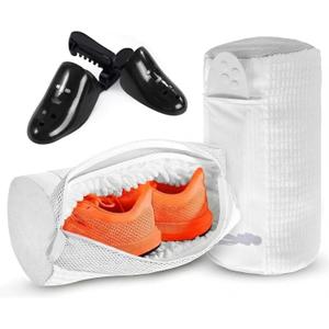 2PCS XXL Shoe Washing Machine Bag with Adjustable Shoes Trees - Heavy Duty Reusable Shoe Laundry Bag for Washer and Dryer - 360 Deep Clean & Protect Chenille Microfiber Sneakers Wash Bags - White