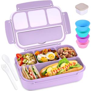 Bento Box Adult Lunch Box, Lunch Containers for Kids Girls Boys with 4 Compartments, Lunchable Food Container with Utensils, Sauce Jar, Muffin Liners, 40 Oz/5 Cup, Microwave Safe, Lavender (1200ML)