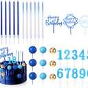 Yerliker 34 Pcs Happy Birthday Cake Toppers Decorations Birthday Candles DIY Cake Decor for Men Women Wedding Anniversary(Navy Blue)