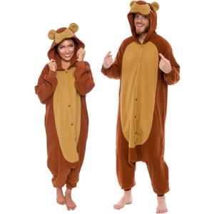 Funziez! Adult Onesie Halloween Costume Animal Dinosaur Shark Unisex Plush One Piece Cosplay Suit for Adults, Men and Women (XX-Large, Teddy Bear)