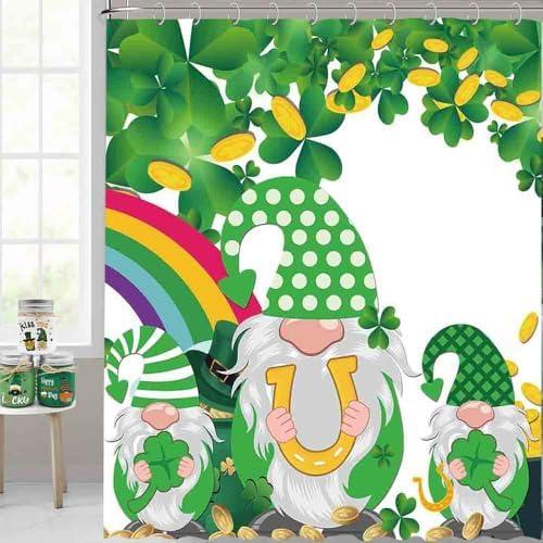 HQM Green Lucky Clover St Patricks Day Shower Curtain for Bathroom Decor Green Lucky Clover Shamrock Funny Cute Dwarf Golden Coins Rainbow Bathroom Decor Fabric with 12 Hooks 72" x 72"