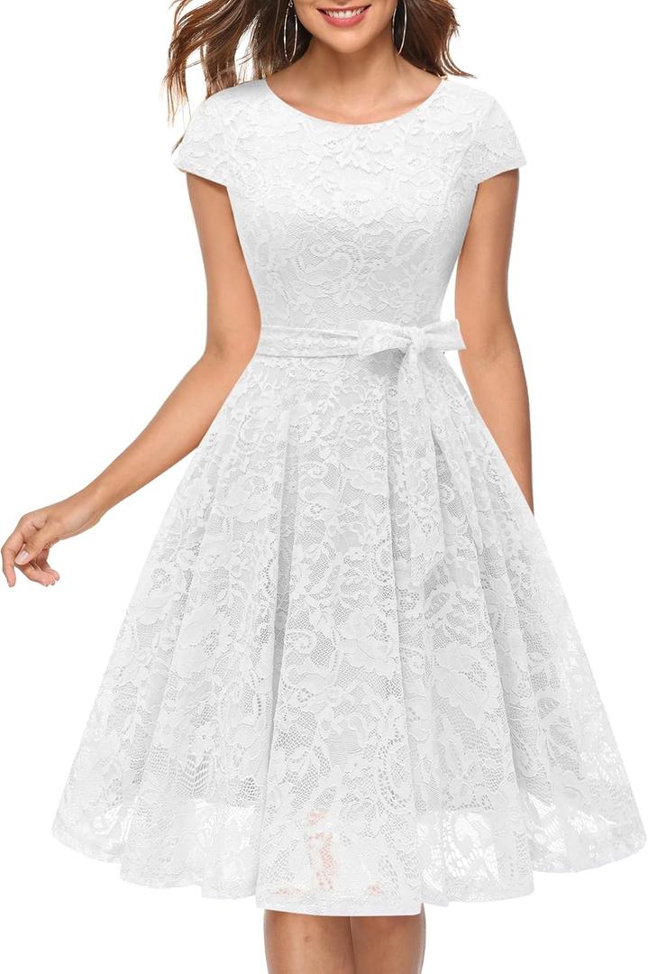 MUADRESS Women's Lace Cocktail Wedding Party Dress (Round Neck-white, XS)
