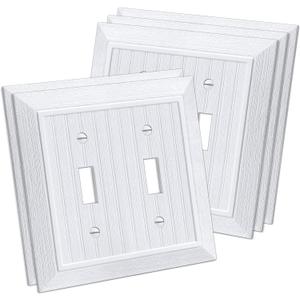 (5 Pack) CML Classic Toggle Light Switch Wall Plate, 2-Gang Beadboard Outlet Covers, Vintage Retro Wood Grain Design, Standard Size 4.95X 4.87, Impact Resistant, White