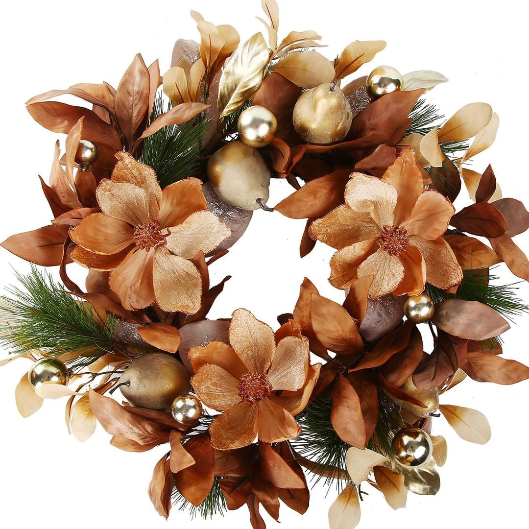 BINFEN 24" Winter Wreaths for Front Door, Gold-Brown Leaves Balls Pears Magnolia Flowers Christmas Wreath, Door Reef for Windows Fireplaces Walls, Front Porch Indoor and Outdoor Decor