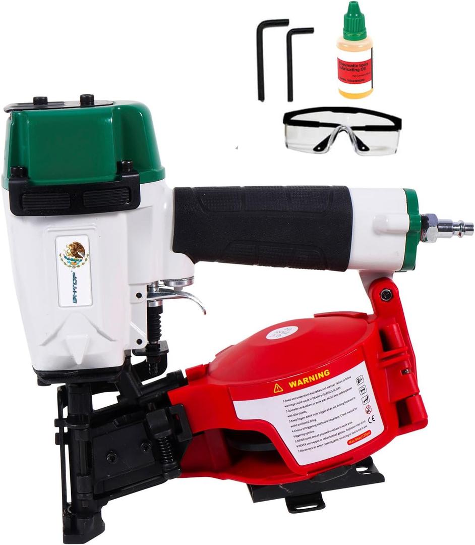 BHTOP Mexican CN45N Roofing Nailer, 15 Degree Roofing Nail Gun, 3/4-Inch to 1-3/4-Inch Coil Nails, 120-pcs Load Capacity Coil Naile (Green/Red