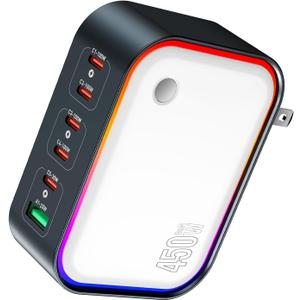 450W 6-Port Foldable GaN USB C Wall Charger, All-in-One Charging Station with Color LED | 100W PD Fast Charging Block for MacBook, iPhone, iPad and More | Ideal for Home,Travel,Office Use
