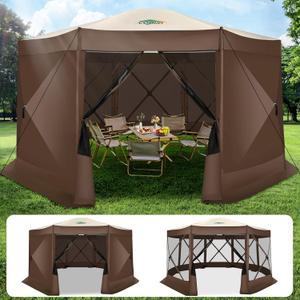 COBIZI 15x15FT Pop Up Gazebo Screen Tent Screen House for Camping, Screen Room with Mosquito Netting, Hub Tent Instant Screened Canopy with Carrying Bag and Ground Stakes, Brown