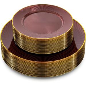 Hioasis 60pcs Burgundy and Gold Plastic Plates - Burgundy Disposable Dinnerware Set, 30pcs Dinner 10.25in & 30pcs Dessert 7.5in Plates with Striped Designs for Party & Wedding