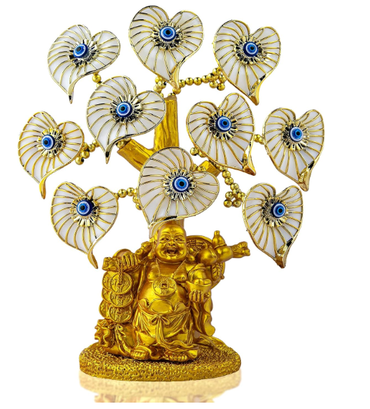 Blue Evil Eye Money Tree with Painted Golden Buddha Statue White Artificial Flowers Home Office Protection Decoration Feng Shui Ornament
