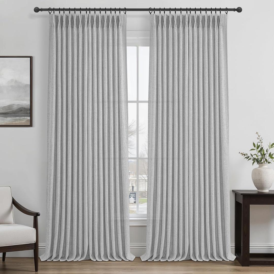 Light Grey Pinch Pleated Semi Sheer Curtains 92 Inches Long 2 Panels Set for Kids Room, Memory Trained Natural Linen Privacy Rustic Curtain with Ceiling Track for Sunroom 90-92 Inch Windows Drapes