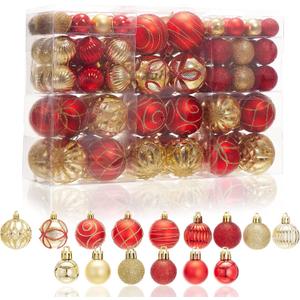 100Pcs Elegant Christmas Ball Set Christmas Tree Ornaments with Glitter and Patterns Bulk Ornaments for Tree as Festive Christmas Decor Xmas Ball Set Red Gold