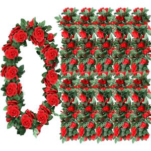 12 Pcs Red Rose Garland 39.6 ft Fake Rose Vine Flowers Valentine's Day Decoration Garland for Party Wedding Hawaiian School Ceremony Luau Tropical Summer Party Supplies