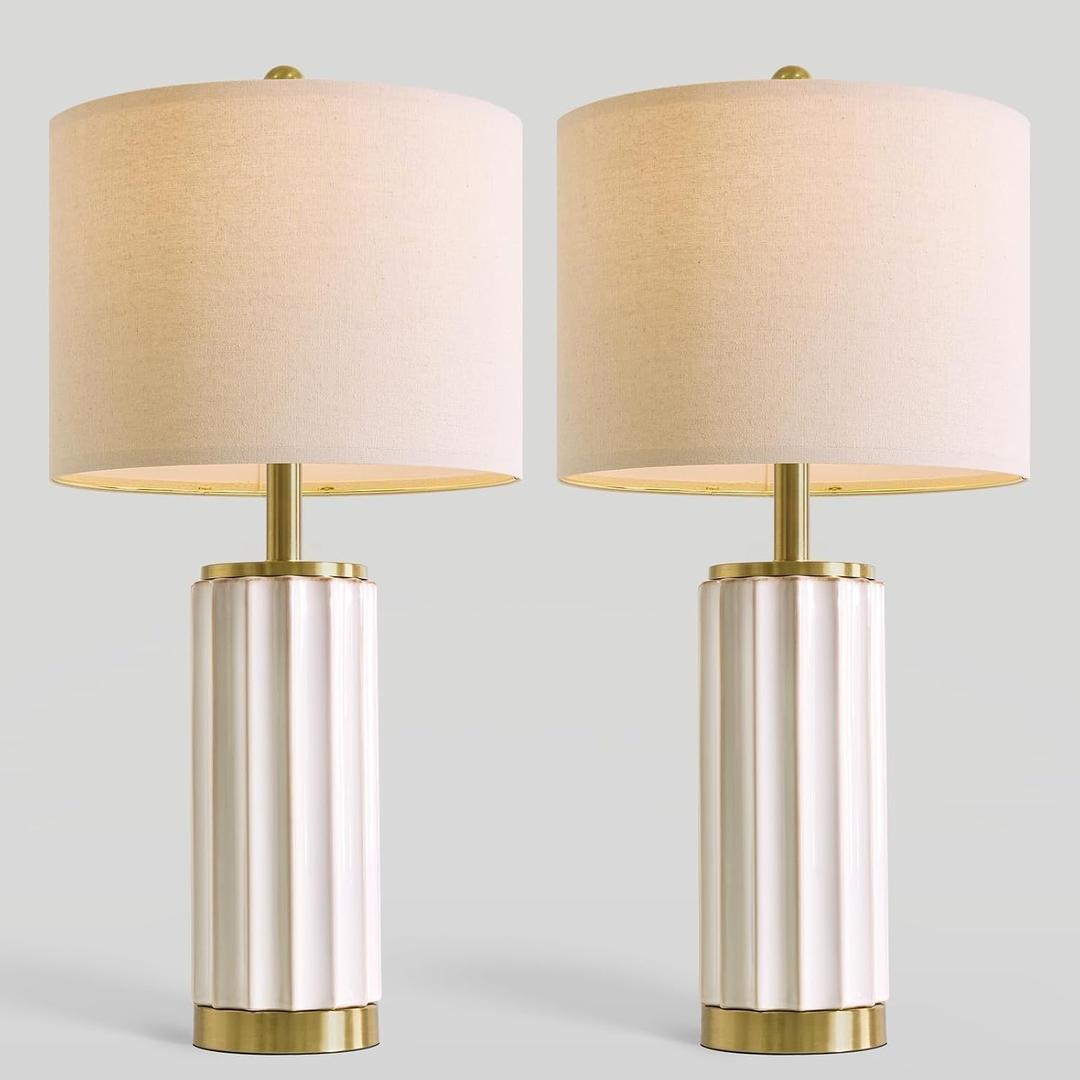 USumkky 25.75" White Fluted Ceramic Table Lamp Set of 2, Modern Farmhouse Bedside Nightstand Lamps for Bedroom Living Room, Oatmeal Linen Shade & Gold Metal Base, Rotary Switch E26 (Bulbs Excluded)