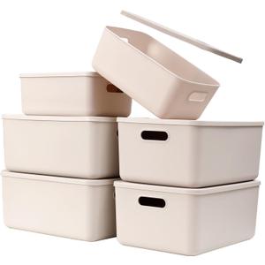 Yishyfier Plastic Storage Baskets With Lid Organizing Container Lidded Knit Storage Organizer Bins for Shelves Drawers Desktop Closet Playroom Classroom Office (4M+2S, Light grey)