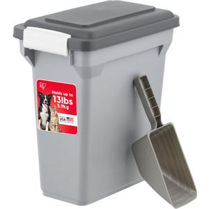 IRIS USA Dog Food Storage Container, Airtight Lid, 2-Cup Scoop, Up to 13 Pounds Pet Food Storage, Versatile Pet Food Bin, Treats, BPA Free, Gray/Dark Gray, 13 lbs