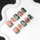 Handmade Square Press on Nails Green French Tip Short Stick on Nail 3D Silver Embossed Designs Luxury Rhinestone Pearl False Nails Muti-Layer Gel Acrylic Nails for Women Manicuare 10 Pcs（S)