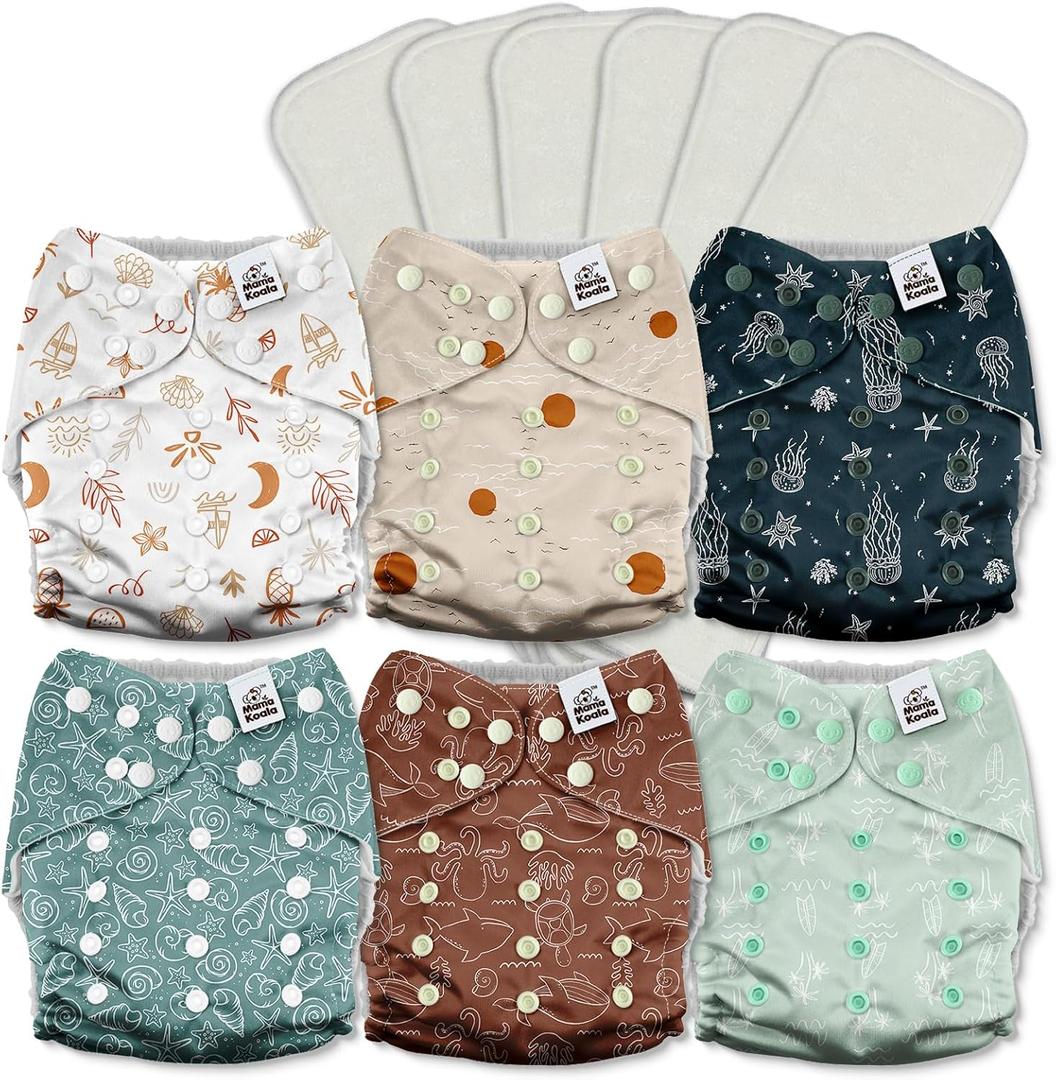 Mama Koala 3.0 Cloth Diapers for Babies with AWJ Lining, 6 Pack with 6 5-Layer Natural Cloth Diaper Inserts - Reusable and Washable Pocket Diapers(A-Seashore)