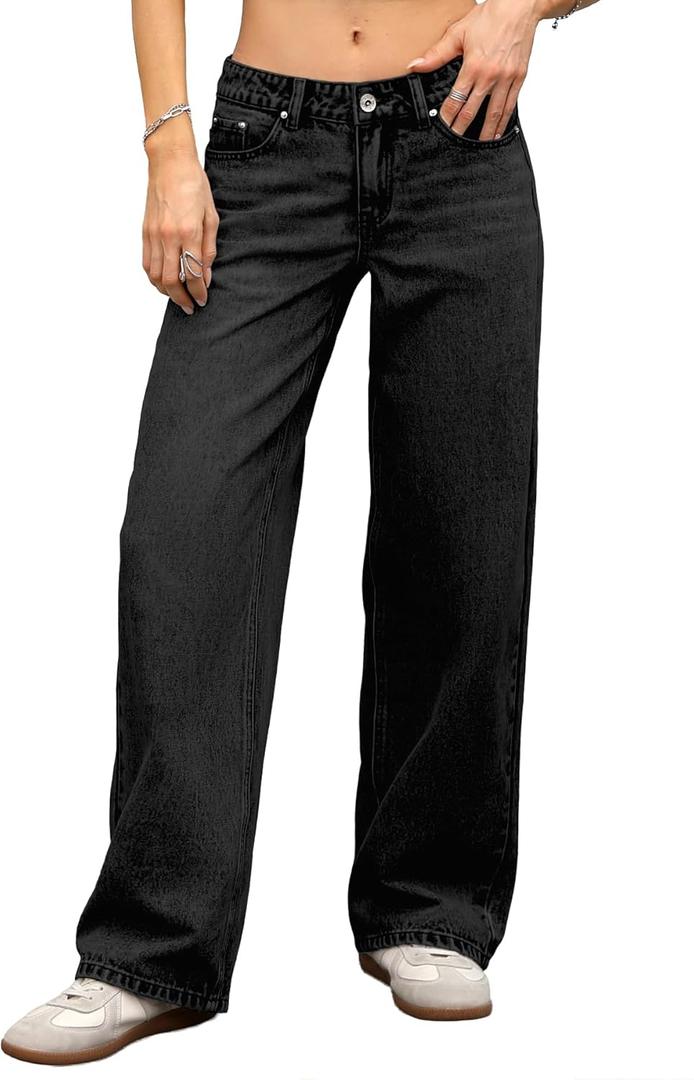 ELLEVEN Women's Low-Rise Baggy Jeans, High Stretchy Y2K Wide Leg Jeans Boyfriend Straight Leg Denim Pants (8)