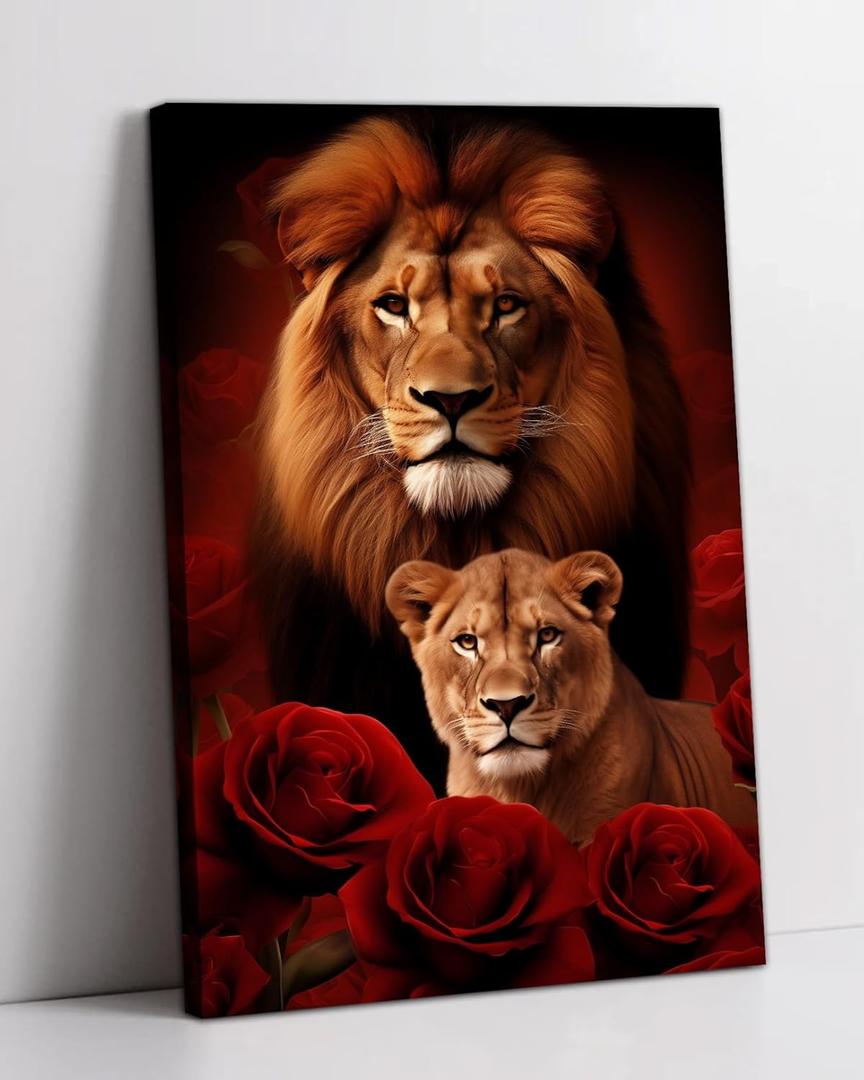 Lion Canvas Wall Art Lion and Lioness Decor Red Rose Flower Picture Animal Painting Contemporary Artwork for Living Room Bedroom Home Office Decor Framed(Artwork-5,16.00"x24.00")