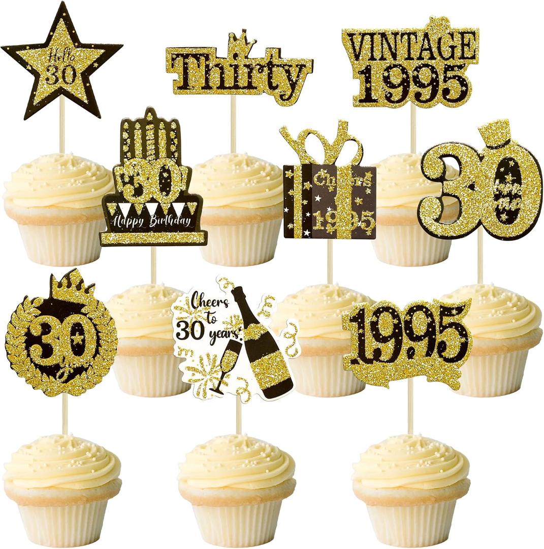 Gyufise 36Pcs Happy 30th Birthday Cupcake Toppers Glitter Black Gold Thirty Hello 30 Vintage 1995 Cupcake Picks Cheers to 30 Years 30 Fabulous Cake Decorations for 30th Birthday Party Supplies