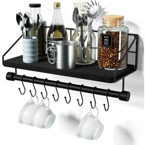 Alsonerbay Floating Shelves Wall Shelves for Bedroom, Bathroom Shelves Wall Mounted with Towel Bar, Kitchen Rustic Wood Shelf with Hooks for Hanging Cooking Utensils or Mugs (Black)