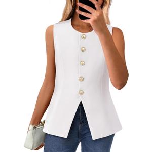 BTFBM Summer Sleeveless Blazer Vest For Women Dressy Button Down Round Neck Business Casual Outfits Work Suit Vests Tops (X-Large, White)