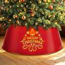 Glitzhome Metal Merry Christmas Diecut Tree Collar with Light String Tree Stand Cover Christmas Tree Ring for Christmas Decorations 26" D