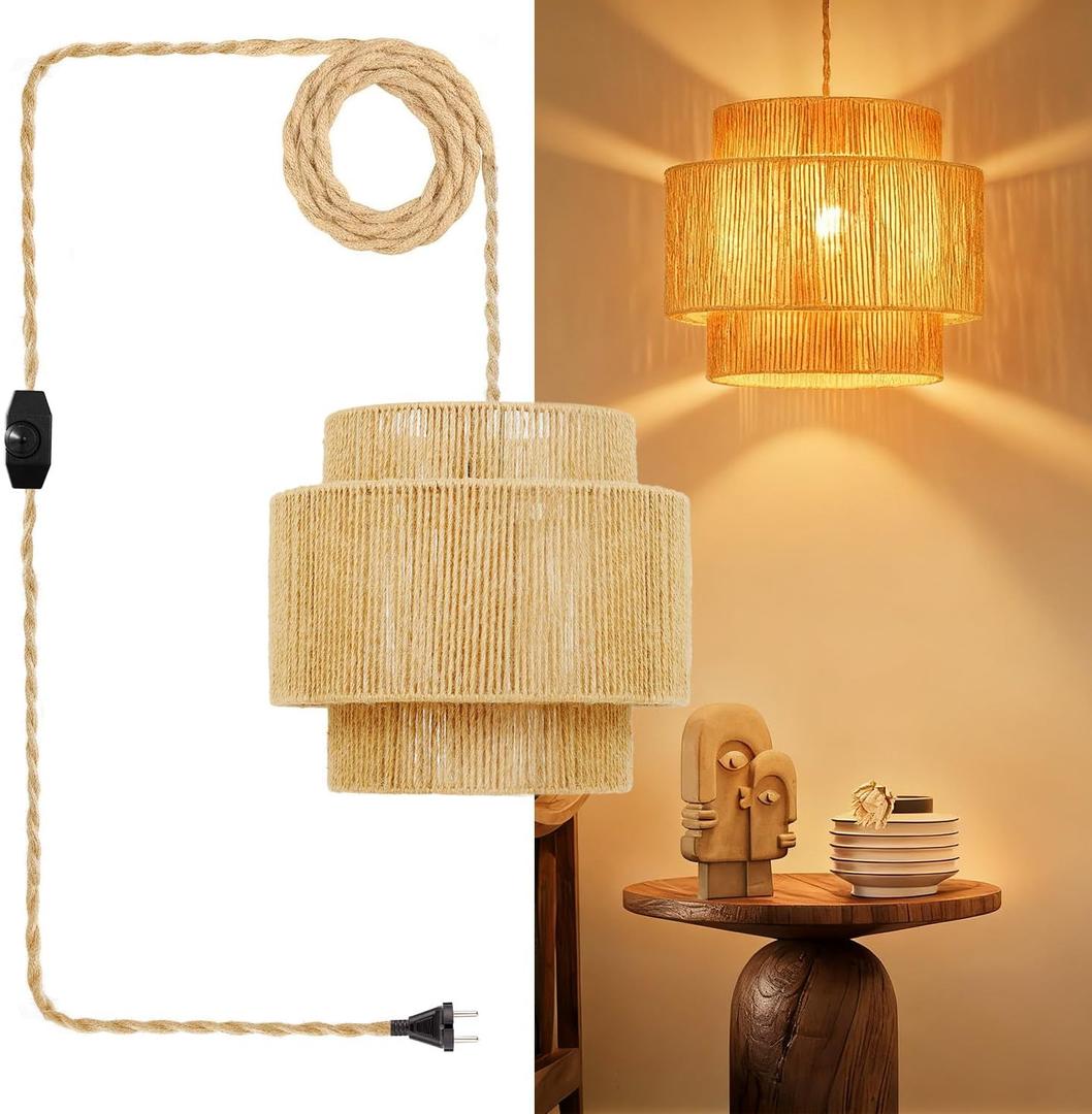 plug in pendant light rattan hanging lamp with 14.7ft Hemp RopeDimmable boho pendant lamp with adjustable cordhigh output wicker hanging light plug in Woven Shade for Bedroom Dinning Kitchen