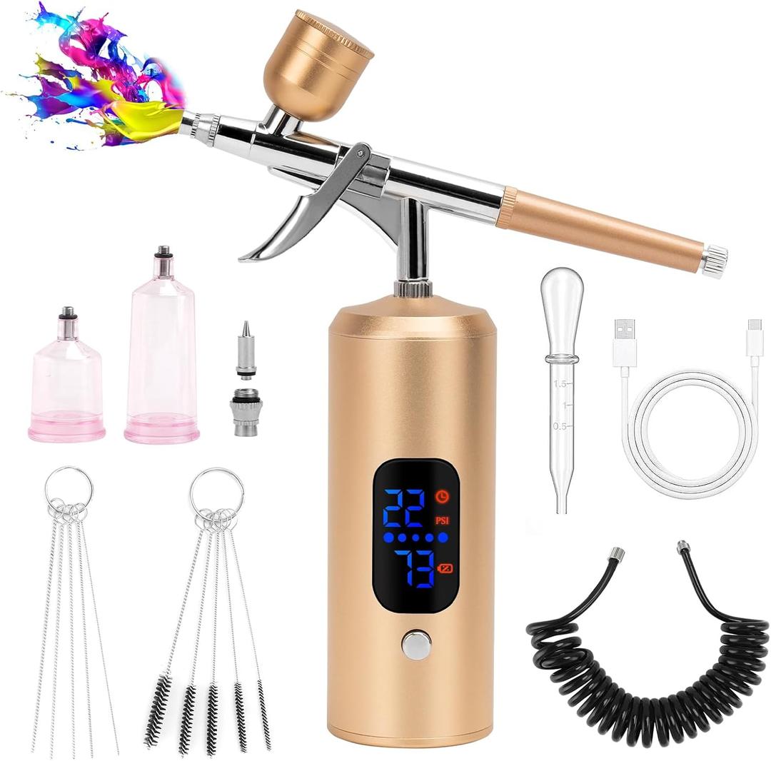 Cordless Rechargeable Airbrush Kit, Handheld Air Brush Sprayer Gun with Compressor 38 PSI Adjustable, LCD Screen, Air Hose Extension - Perfect for Barber, Nail Art, Cake Decor, Makeup, Model Painting