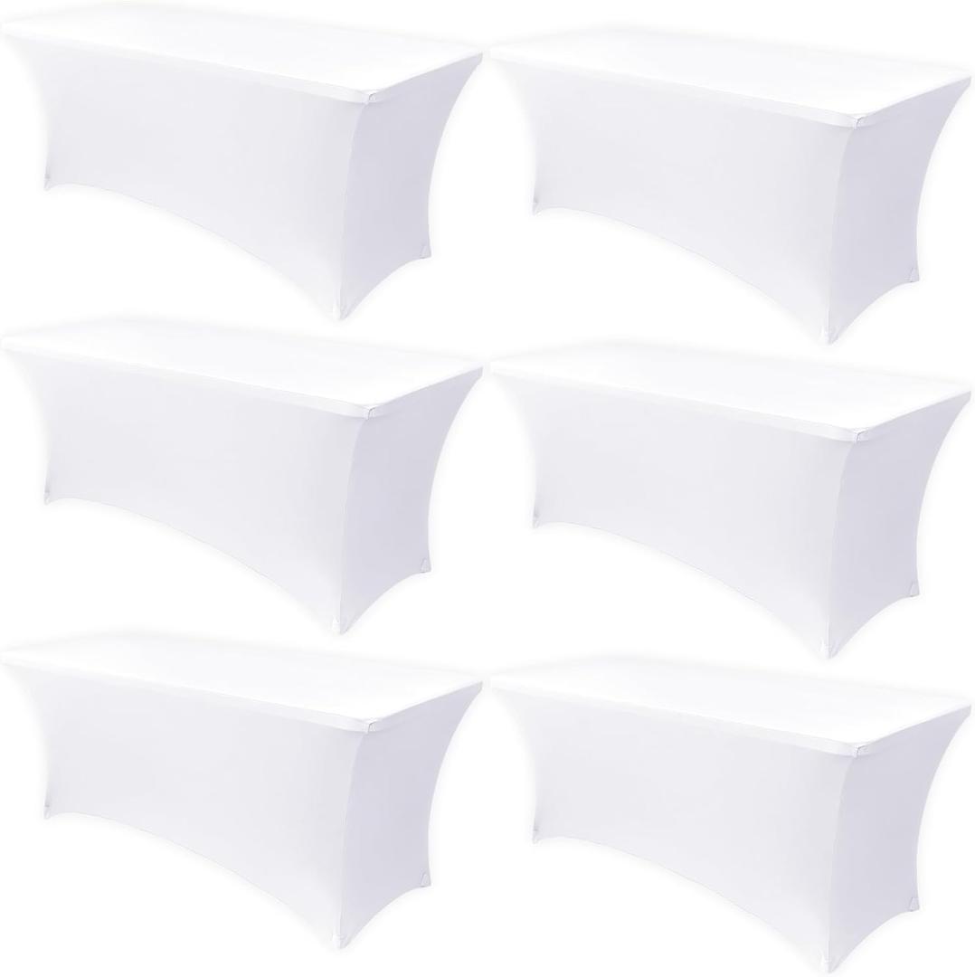 Obstal 6 Pack Stretch Spandex Table Covers for 8 Foot Tables - 8 FT Universal Rectangular Fitted Tablecloth Protector for Wedding, Banquet, Party (White, 96 Length x 30 Width x 30 Height Inches)