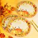 Homlouue 12x10 Oval Fall Paper Plates, 50PCS Fall Leaves Pumpkins Plate, Heavy Duty Thanksgiving Plates, Large Thanksgiving Paper Plate Disposable for Autumn Theme Party Decoration Serve 50 Guests