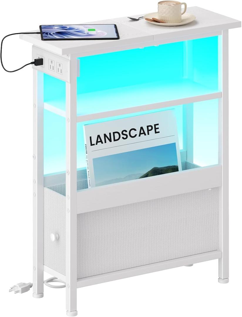 Creso hom Narrow Bedside Table with Charging Station and LED Light, Skinny Nightstand with USB Ports & Type-C, End Table with 1 Fabric Drawer, Slim Side Table for Bedroom, Nursery, Living Room, White