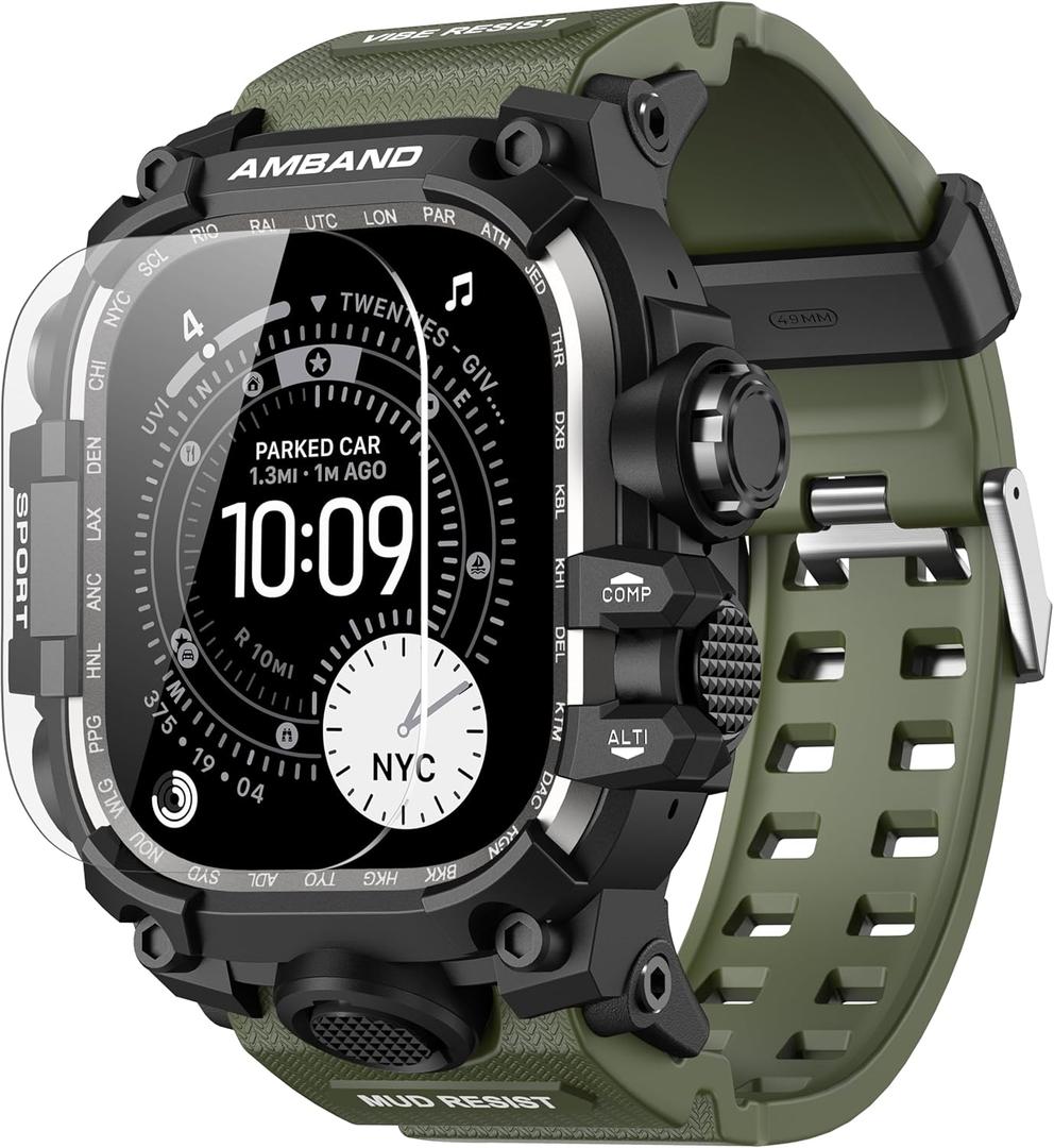 amBand Rugged Case with Band for Apple Watch Ultra 3/2/1 49mm, M3 Military Grade Shockproof Cover, Includes Screen Protector Kit, Tactical Band for Men - Compatible with iWatch Ultra, Army Green