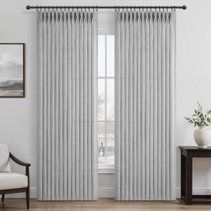 Unique Light Grey Pinch Pleat Thick Natural Linen 86 Inch Office Curtains 2 Panels Set, Memory Shape Light Filtering Semi Sheer Farmhouse Windows Curtain with Back Tab Privacy Protect Nursery Drapes