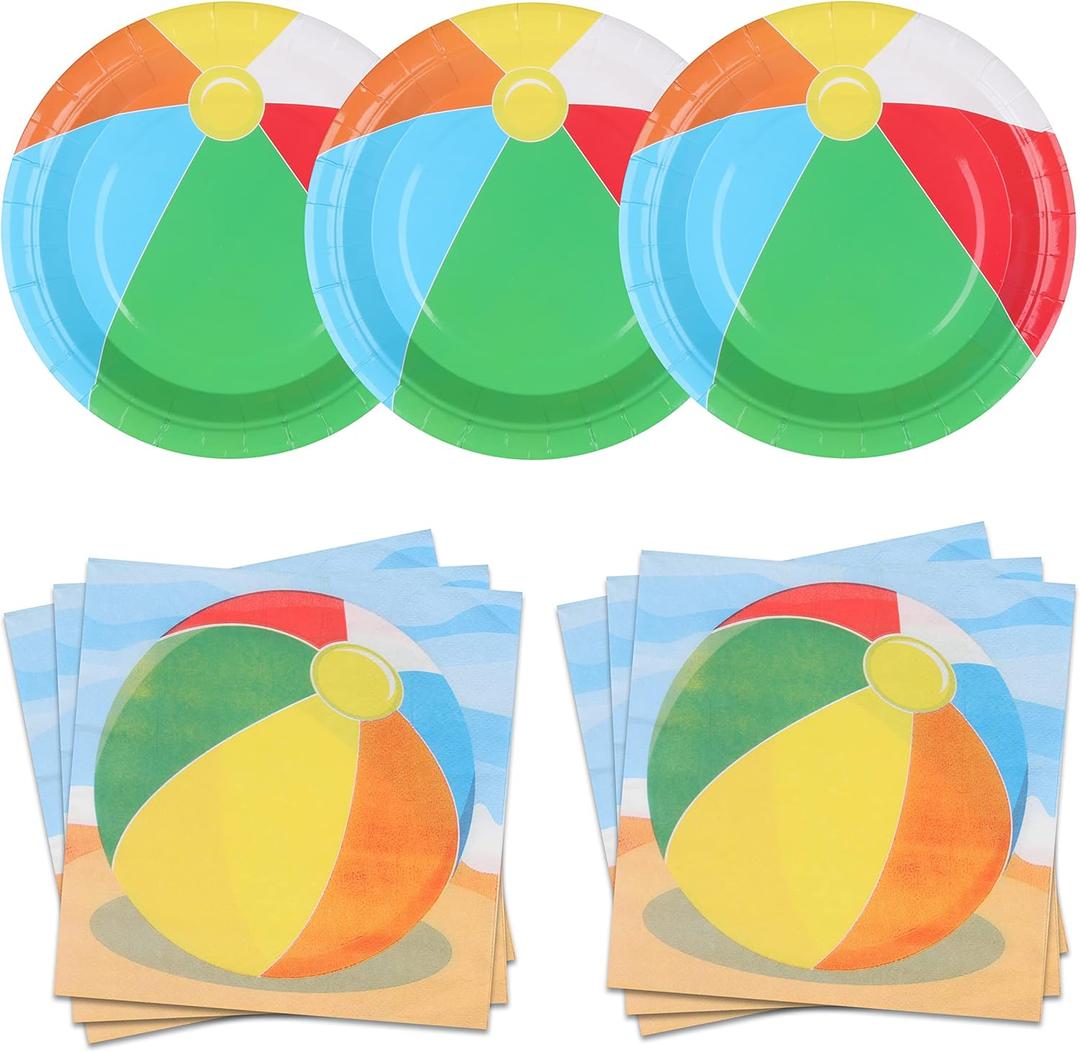 Pandecor Beach Ball Themed Birthday Party Supplies Set, Includes 20 Pieces 7" Durable Paper Dessert Plates and 20 Pieces 6.5" Napkins, Perfect for Pool Birthday Party