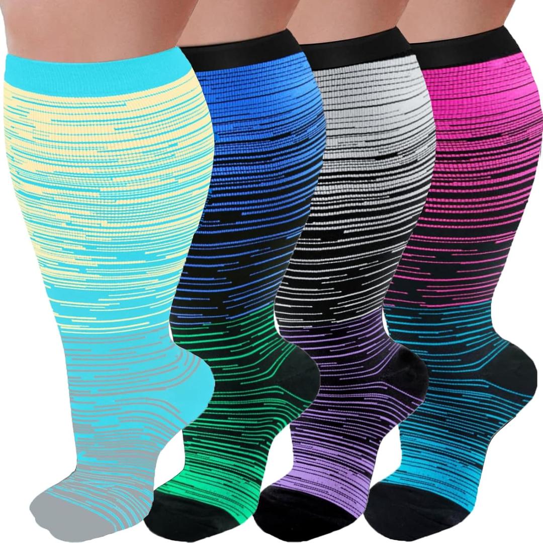 4 Pairs Plus Size Compression Socks for Women and Men 20-30 mmHg, Wide Calf Stockings Best Support for Circulation, Running (XX-Large, 01- Red/Dark Blue/White/Light Blue)