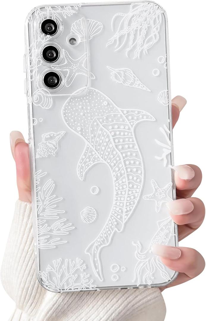 NITITOP Compatible with Samsung Galaxy A54 Case Clear Cute Shell Whale Sea Ocean Animal Pattern for Women Girls Full Camera Lens Slim Shockproof Protective Phone Cover - White Fish
