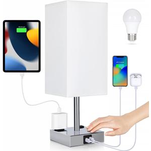 Bedside Lamp with USB Ports - Touch Control Table Lamp for Bedroom with USB C+A Charging Ports & AC Outlets, 3 Way Dimmable Nightstand Light for Living Room (LED Bulb Included, Chrome - White)