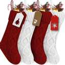 RFAQK 18 Inches Large Christmas Stockings- 4Pcs Burgundy Red, Ivory White- Stretchable Knitted Xmas Stockings with 50Pcs Personalizeable Gift Tags for Family Holiday Christmas Dcor (2red 2white)