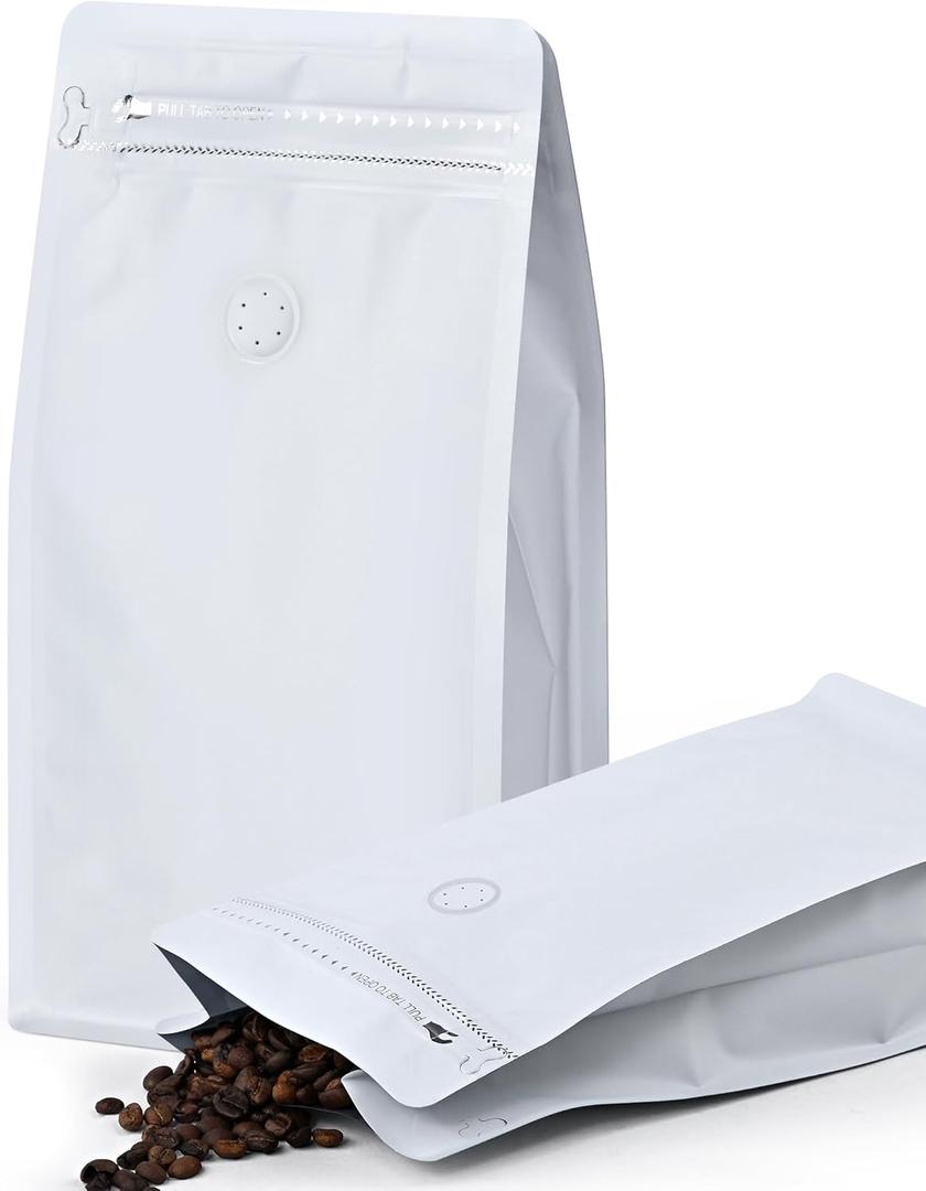 FireKylin 50 PCS Coffee Bags with Valve, (8 oz, 0.5 lb) Stand Up Pouches, Resealable Vented Food Storage Bags Side Zipper(White)