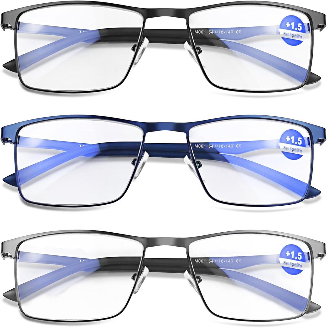 3 Pack Metal Blue Light Glasses for Men/Women,Business Style Sturdy and Durable, Blue Light Protection Cheaters +0.00
