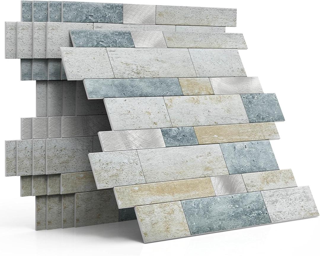 MOFIT Backsplash Tile for Kitchen Peel and Stick Stone Matte Finish,Bathroom Tiles Stickers 3D Wall Panel Linear Mosaic Marble Backsplash Waterproof(10sheets,Blue Green Gray)