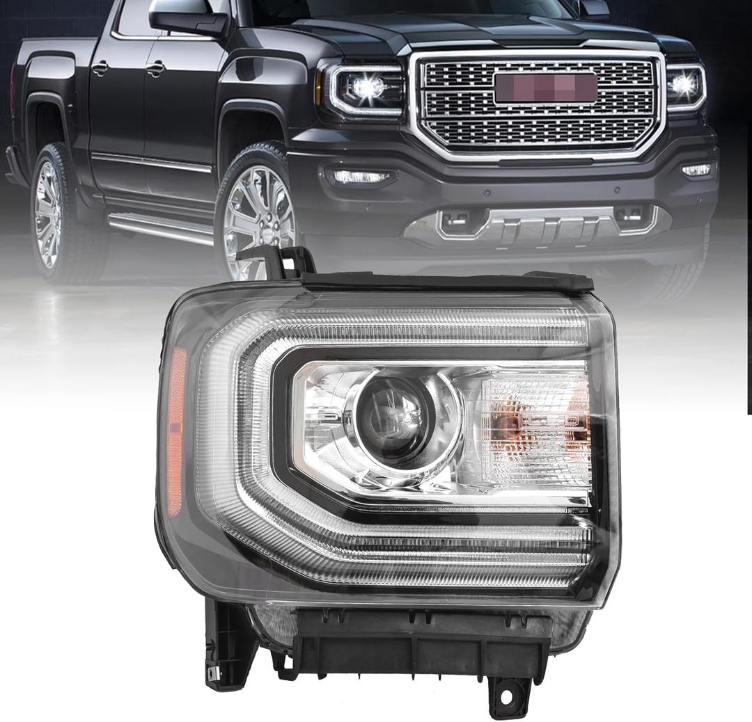 GMC Sierra 1500 Headlight Assembly 2016 2017 2018 Xenon Head Light with LED DRL, Turn Signal Light Chrome Housing Clear Lens Right Passenger Side GM2503453 84568273 (Normal)