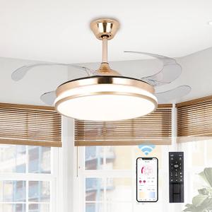 STERREN Retractable Gold Ceiling Fan with Lights, 42 inch Modern Low Profile Bladeless LED Ceiling Fan for Bedroom Living Room