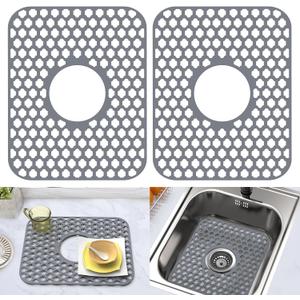 Silicone Sink Protector Kitchen Sink Mat 2 Pack 13.58"x 11.6" Gray, Silicone Center Drain Gray