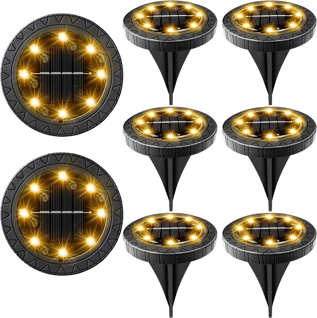 Solar Powered 8 Pack Outdoor LED Disk Lights - IP68 Waterproof, Non-Slip, Wear-Resistant Pathway Lights (Warm White) (Black)