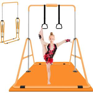 ZUETK Expandable Gymnastics Bar for Kids, Adjustable Height Junior Training Kip Bar (Orange with Mat)