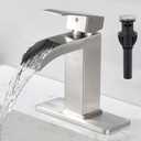 Brushed Nickel Waterfall Bathroom Faucet - Single Handle Sink Faucets Bathroom 1 Hole or 3 Hole for 4In | Modern Solid Brass Vanity Faucet with Deck Plate & Overflow Pop Up Drain