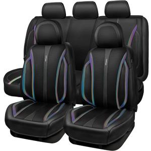 CAR PASS Nappa Leather Car Seat Covers, Durable Waterproof Luxury Universal for SUV Pick-up Truck Sedan, Anti-Slip Driver 5 Seats Covers Full Set with Backrest (Black Chameleon Iridescent Reflective)